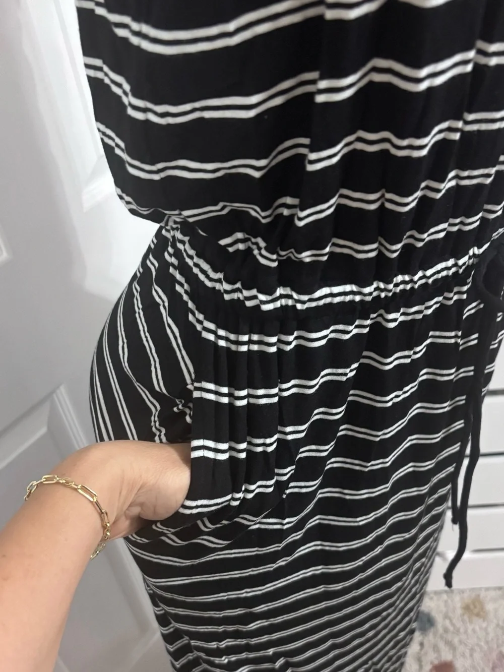 J. Crew Navy and White Strapless Maxi Dress with Slim Tan Belt